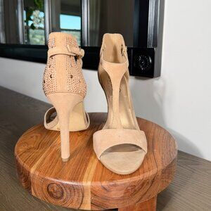 BCBG Paris Tan Suede Studded Ankle Strap Heels – Size 7.5